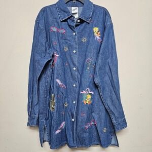 Warner Bros Tweety Bird Denim Shirt Womens Small‎ Looney Tunes Embroidered 90s